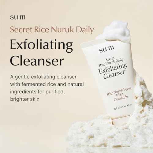 SU:M Secret Rice Nuruk Daily Exfoliating Cleanser (4.23 fl oz) - Korean Skincare Gentle Exfoliating Cleanser with Rice Nuruk Extract, PHA, and Melting Ceramide for Hydration and Smooth Skin Texture.