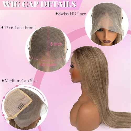 Highlight Lace Front Wig Human Hair Thick 180% Density Straight 13x6 HD Transparent Lace Frontal Wigs Light Brown to Ash Blonde Highlights Wigs Virgin Hair Colored 22 Inch