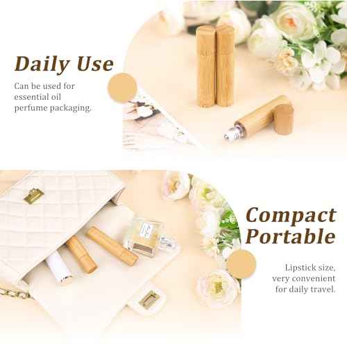 AUHOKY 12Pcs Bamboo Roll on Bottles for Essential Oils, Portable Massage Oil Bottle with Stainless Steel Roller Ball, Reusable Travel Perfumes Sample Lip Gloss Container (1 Opener) (10ML)