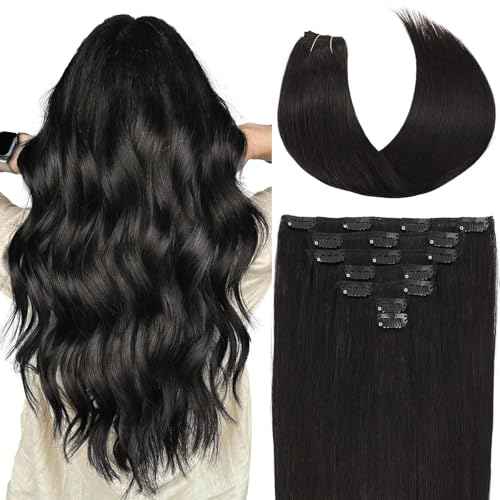 Clip in Hair Extensions Real Human Hair 24 Inch 120g Invisible Seamless Human Hair Clip in Extensions for Women 7pcs Per Set with Double Weft 1B Natural Color