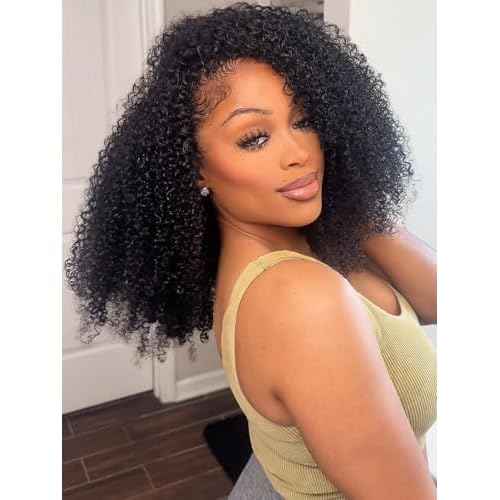 UNICE Flip Over 3/4 Half Wig Human Hair Kinky Curly with Drawstring Wear and Go Glueless Half Wigs Human Hair for Women Thin & Thick Hair Friendly 150% Density 16 inch
