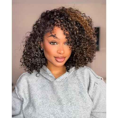 BLY Highlight Water Wave Half Wig Human Hair 3 in 1 Glueless Drawstring Flip Over Wear Go Wig for Women 1B 30 Color 180 Density Short Bob Wigs 12 Inch