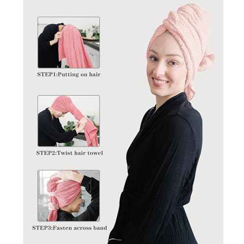 2 Packs Large Microfiber Hair Towels for Women, Super Absorbent & Quick Dry Hair Towel Wrap for Curly Long & Short Hair- Anti-Frizz Hair Turbans for Wet Hair£¨Coral Pink & Pink£© - 27.5''*39.4''