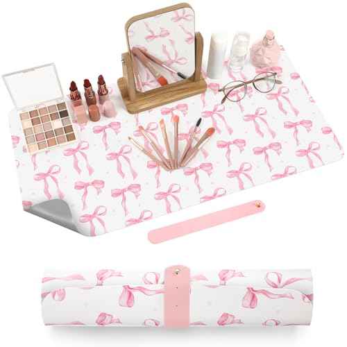 Coquette Bow Makeup Mat for Vanity Top Protector, Christmas Dual Sided Leather Vanity Waterproof Desk Pad Dressing Mat Nonstick Gifts for Women Home Office Decor(Pink,11.8" X 23.6")