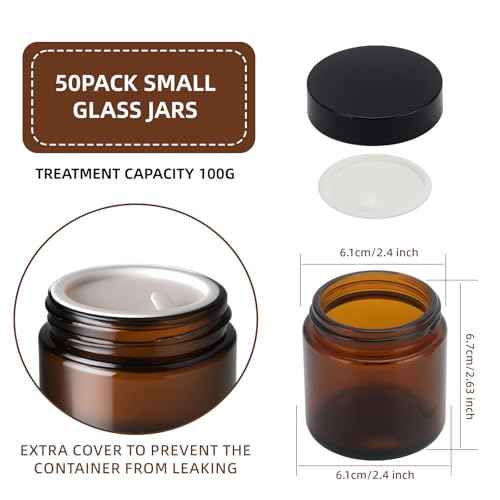50Pcs 4 oz Glass Jars With Lids, Amber Small Containers With Inner Liners Whit&Premium Glossy Black Caps for Lotins,Powders,Ointments,4oz Sample&Candle Small Making