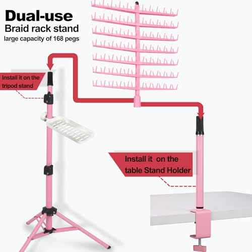 Height Adjustable Braiding Hair Rack 168 pegs, Dual-use Braid rack with Clamp (Pink)