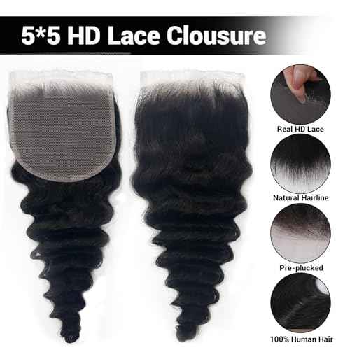 5x5 Hd Lace Frontal Only,Skinlike Invisible Lace Closure Free Part Pre-Plucked 100% Human Hair Clean Glueless Design Deep Wave Natural Black 20 Inch