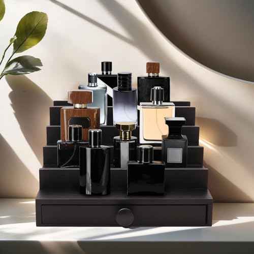 5 Tier Cologne Organizer for Men - Wooden Black Cologne Perfume Display Stand with Drawer and Hidden Compartment, Mens Cologne Holder Shelf for Organizing and Storing