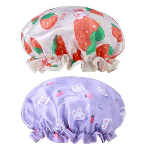 Kids Shower Caps, 2 PCS Waterproof Double Layers Shower Caps Cute Rabbit Bonnets Elastic Band Bonnet Satin and Eva Soft Kids Sleeping Cap Reusable Shower Cap for Kid(Purple + Yellow)