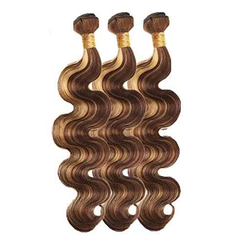 P4/27 Highlight Blonde Bundles Human Hair Body Wave Bundles 22 22 22 Inch Human Hair Weave 3 Bundle Unprocessed Brazilian Virgin Hair Brown Body Wave Human Hair Extensions 50 Grams/Bundle