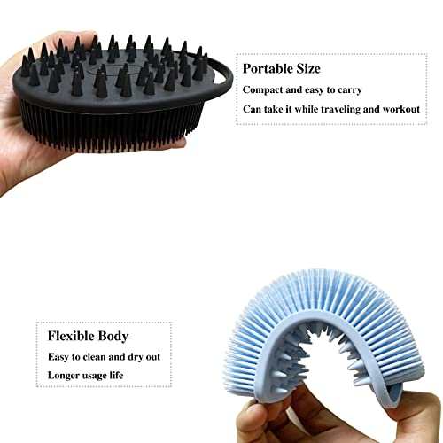 2 PC Silicone Exfoliating Body Scrubber, 2 in 1 Silicone Body Shampoo Brush, Soft Silicone Loofah for Sensitive Skin, Shower Silicone Hair Scalp Massager, Easy to Clean, Lather Well (Black&Blue)