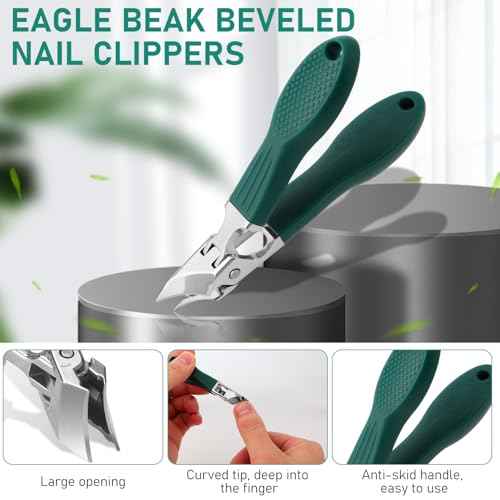 Eagle Beak Beveled Nail Clippers, 3-Piece Set of Upgrade Stainless Steel Wide Jaw Opening Anti-Splash Nail Clipper, Long Handle Angled Head Toenail Clipper for Ingrown & Thick Toenails for Men Women