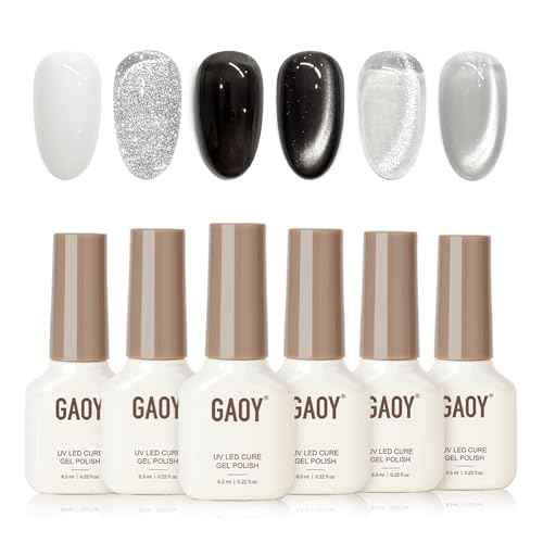GAOY Black and White Gel Polish Set, Sliver Cat Eye, Opal White, Jelly Black Glitter Reflective Gel, Magnetic Holographic DIY Nail Art