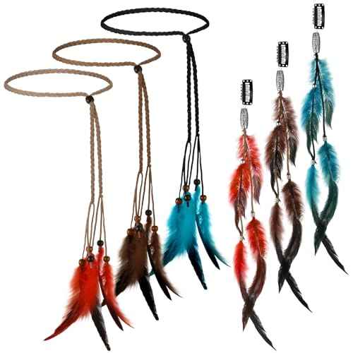 Geyoga 6 Pcs Feather Headband Feather Hair Clip Set Boho Hair Extensions with Clip Comb Hippie Headpiece (Multicolor)