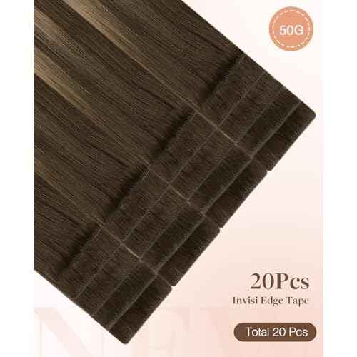 GOO GOO Invisi Edge Tape in Hair Extensions Human Hair, 4/27/4 Balayage Chocolate Brown to Caramel Blonde 20pcs 18inch 50g, Virgin Remy Hair, Seamless Injected Tape, Natural Look