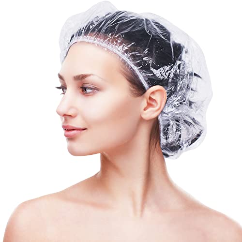 Retisee 140 Pcs Disposable Shower Caps Bulk 18.2" Plastic Clear Hair Cap Elastic Large Thick Waterproof Bath Caps for Women Hair Care Cleaning Supplies Spa Hotel Hair Salon Home Travel Accessories