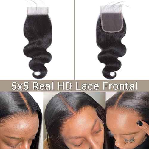 14 Inch 5x5 HD Lace Closure Body Wave Human Hair, Ultra Thin Swiss Lace, Pre Plucked Baby Hair, Natural Hairline Closure Only
