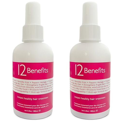 12 Benefits Instant Healthy Hair Treatment, Leave-In Conditioning, Smoothes Frizz, Strengthens & Repairs, Heat Protection Spray, 6 Fl Oz (Pack of 2)