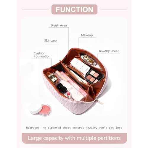 Travel Makeup Bag for Women, Large Capacity Cosmetic Bags for Girls, Compact Pouch Make up Organizer, Waterproof Toiletry Bag with Divider and Handle (Pink)