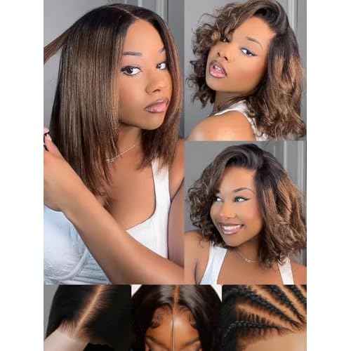 Sunber Ombre Chestnut Brown Light Yaki Straight Bob Human Hair Wigs Bye Bye Knots Pre Cut 7x5 HD Lace Front Lace Put On and Go 3s Wear Glueless Brown Yaki Bob Wig Pre Bleached Invisible Knots 12Inch