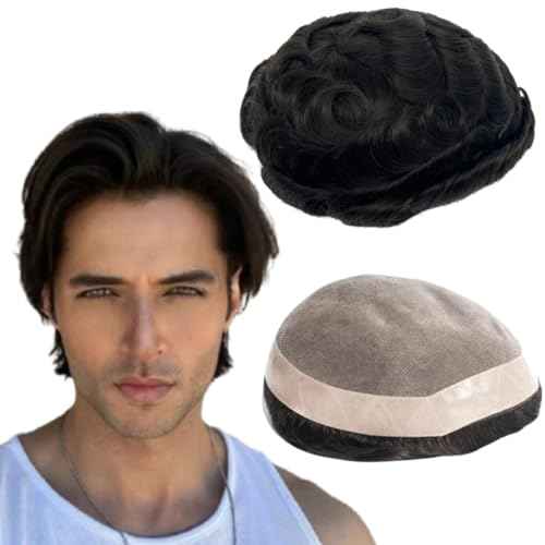 Toupee for Men Human Hair Mens Toupee Mono Base with NPU Around Hair Units Curly Wave Mens Wigs Toupee Hair Real Human Replacement System for Man Freestyle Natural Wig #1B Off Black (6x8")