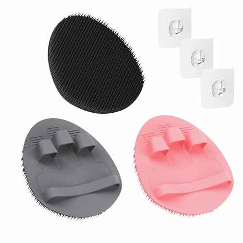 Manmihealth 3 PCS Soft Silicone Shower Brush, Super-Lathering and Deep-Cleaning Silicone Body & Face Scrubber, Gentle Exfoliating Bath Glove for All Skin Types with Free Hooks (Black +Gray+ Pink)