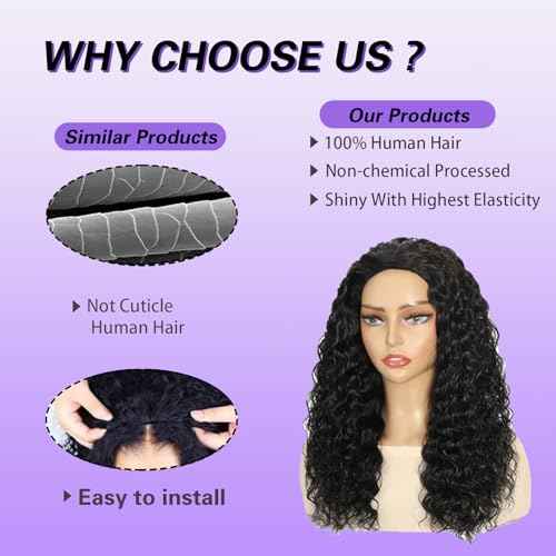 Deep Wave Half Wig Human Hair 200% Density Wear Go Glueless Wigs Human Hair Curly 3 In 1 Half Wigs 22 Inch for Women Drawstring Seamless Flip Headband Wig Beginner Friendly