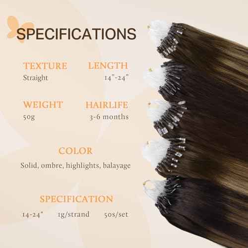 DOORES Micro Beaded Hair Extensions Human Hair extension, Balayage Chocolate Brown to Caramel Blonde 24 Inch 50g/50s, Micro Ring Hair Extensions Human Hair