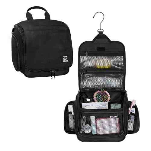 Goloni Hanging Toiletry Bag with Hook, Large Makeup Bag Travel Organizer, Water-Resistant Hanging Cosmetic Bag with 10 Compartments for Women & Men,Black