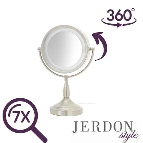 JERDON LED Lighted Tabletop Vanity Makeup Mirror ? 8.5¡± Diameter with 7X-1X Magnification ? Nickel Finish ? Power Cord and Plug ? Model LT856N