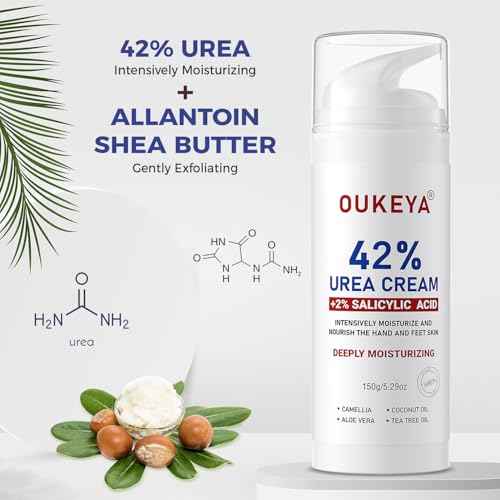 OUKEYA Urea Cream 42% plus Salicylic Acid 2% Intensive Repair Treatment for Cracked Skin on Hands, Heels, Elbows, and Lips - Relief for Dry Feet - Enhanced Pump Dispenser Packaging - Gross wt 8.03 OZ
