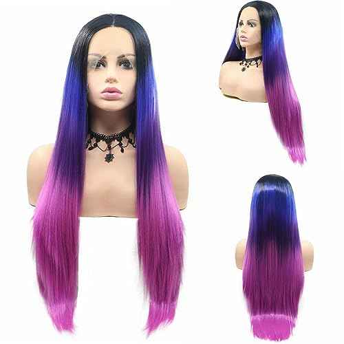 24" Long Straight Black Ombre Purple Synthetic Lace Front Wig for Women Cosplay Party Drag Queen Hairstyle 1B Black to Violet/Rose Red Mermaid Colorful Wedding Wigs Natural Hairline