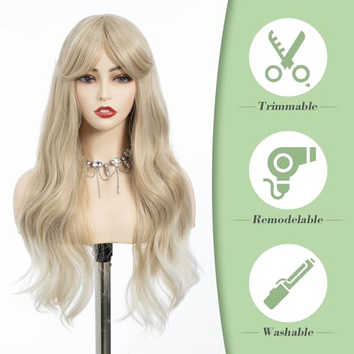 REBECCA STYLE Long Blonde Wig with Bangs 24 Inch Long Wavy Wigs with Bangs for Women Synthetic Curly Wigs Hair Replacement Wigs for Girls Daily Party Use Natural Looking (Ash Blonde)