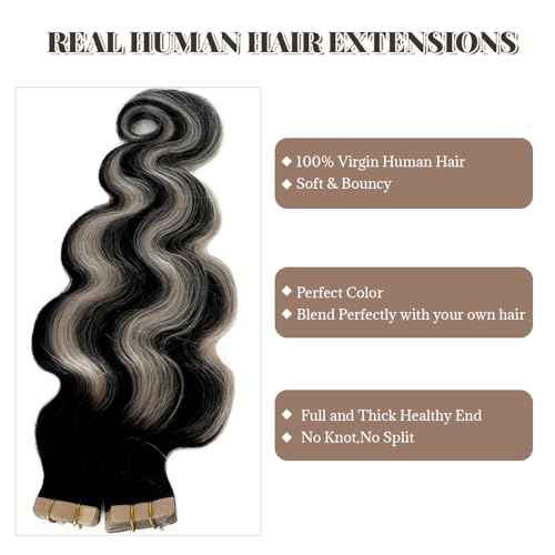 Tape in Hair Extensions Human Hair 24 Inch Body Wave Black Hair Balayage Silver Grey Highlights Hair Extensions Real Human Hair Tape ins for Black Women 20 PCS Double Sided Tape Hair Extension 50G