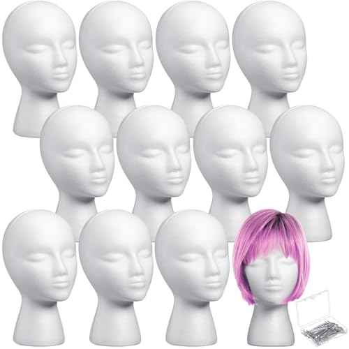 Gisafai 12 Pcs Foam Wig Head with 50 Pcs T Pins Female Foam Mannequin Wig Stand and Holder 11" Tall Cosmetics Model Head Display Hair, Hats Hairpieces Display for Home Travel Salon