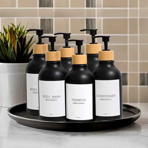 Shampoo and Conditioner Frosted Bottles Bamboo Pump, Refillable Shampoo Empty Bottles for Lotion Oil Shower Soap Dispenser (6p-Black)