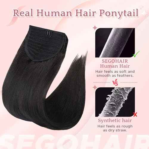 Clip In Real Human Hair Ponytail Extensions for Women 100% Remy Human Hair Ponytail Straight Wrap Around Clip in One Piece Hairpiece 22 Inches 95g #1B Natural Black