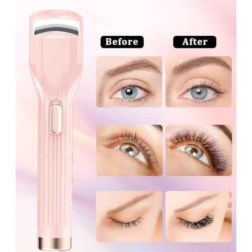 Heated Eyelash Curler Premium PRO - Fast Heat up in 8s - 24 Hours Long Lasting - Rechargeable Electric Eyelash Curler with Type-C, Innovative L Silicone, 2 Heat Modes, Anti-Burn Eyelid, Pink-DC