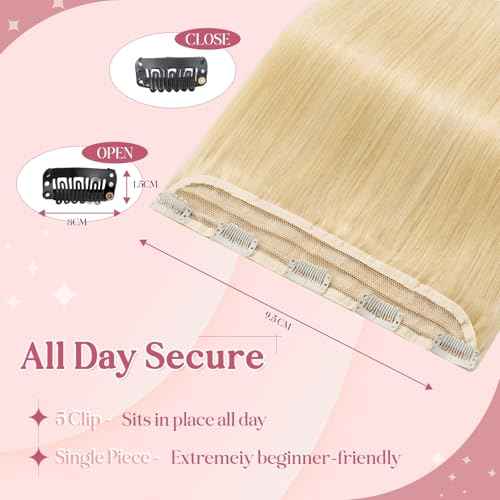 Clip In Hair Extensions for women One Piece 5 Clips Real Human Remy Hair Extension Long Straight Hairpieces for women 18 Inches #613 Bleach Blonde