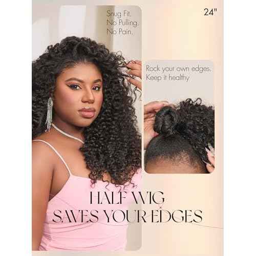 LUVME HAIR Half Wig Kinky Curly Flexi-Fit Invisi Flip Drawstring Wig 200% Density Glueless Wigs 100% Human Hair Natural Black Ready to Go Headband Wig for Women 16 Inches