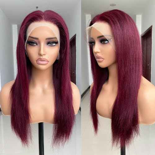 REMY HAIR 99J Burgundy Straight Lace Front Wigs Human Hair 13x4 Transparent Lace Front Wig Pre Plucked with Baby Hair 180% Density Glueless Wigs Natural Hairline Red (16 Inch)