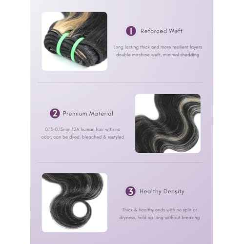 Black With Platinum Blond Highlight Bundles and 2x6 HD Lace Closure Body Wave Human Hair, 12A Balayage Ombre Skunk Stripe 3 Bundle With Long Deep Part Natural Black 2x6 Kim K Closure 10 12 14+10