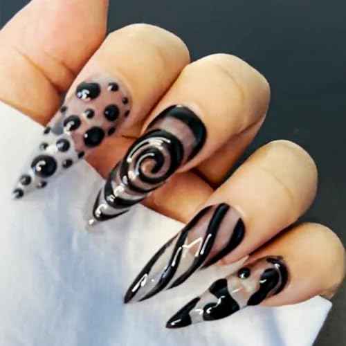 Black Press on Nails Long Stiletto Fake Nails Almond Shape False Nails with 3D Irregular Transparent Design Y2K Acrylic Nails Halloween Glue on Nails Black Swirl Natural Stick on Nails Nails for Women