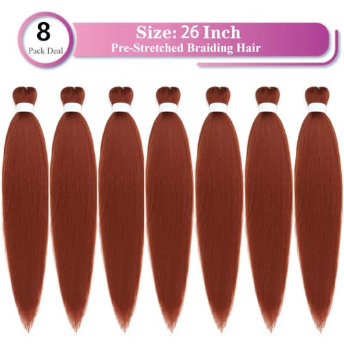 Braiding Hair Pre Stretched Ginger Easy Braids 26 Inches 350 Professional Braids Copper Hot Water Setting Synthetic Braiding Hair for Crochet Extensions (8Pcs,#350)