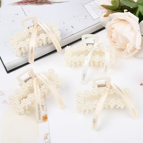 DEEKA Bridesmaid Gifts Set of 8 Bridesmaid Proposal Gift Pearl Bride Hair Clips with Ribbon Large Hair Clips Bachelorette Party Favors Bridal Party Present Gifts (Rectangle White&Champagne)