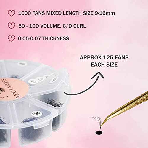 Promade Eyelash Fans Mix Length 1000 Volume Lash Extensions 8D-16D, C D Curl, 9-16mm Length, 0.05-0.07 Short Stem Promade Premade Pre Pro Loose Fans Eyelash Extension, Easy Application