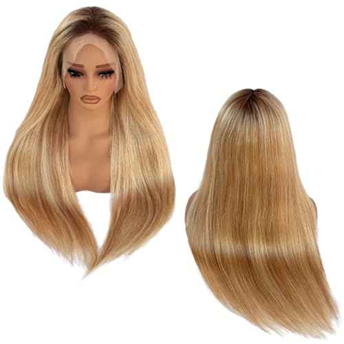 13x6 Medium brown/Golden Brown to Bleach Blonde Highlights Straight Lace front Wigs Human Hair 24in for Black Women HD Lace Glueless Pre Plucked 180% Density Brazilian Virgin Human Hair 24in