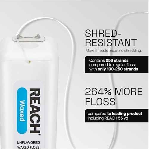 REACH Waxed Dental Floss, Unflavored, 3.6X More Value, Plaque Remover for Teeth, Shred Resistant, Floss Slides Smoothly, Easy to Use, Waxed, Oral Care, PFAS Free, for Adults & Kids, 2 Pack, 200 yd