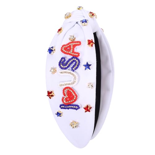 4th of July Headbands for Women American Flag Headband Patriotic Red Blue White Star Knotted Headband Embellished Rhinestone Wide Top Knot Headband 4th of July Hair Accessories Outfits Gifts (White 4)