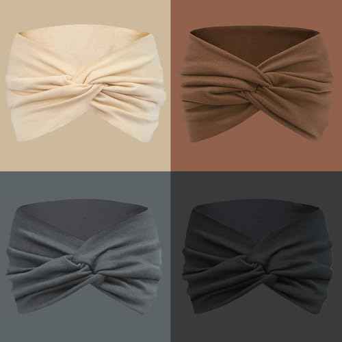 IVARYSS Extra Wide Headbands for Women Non-Slip, 7'' Large Twist Knotted Stretchy Wraps Head Bands Hair Accessories, 4 Pack, Neutral Color